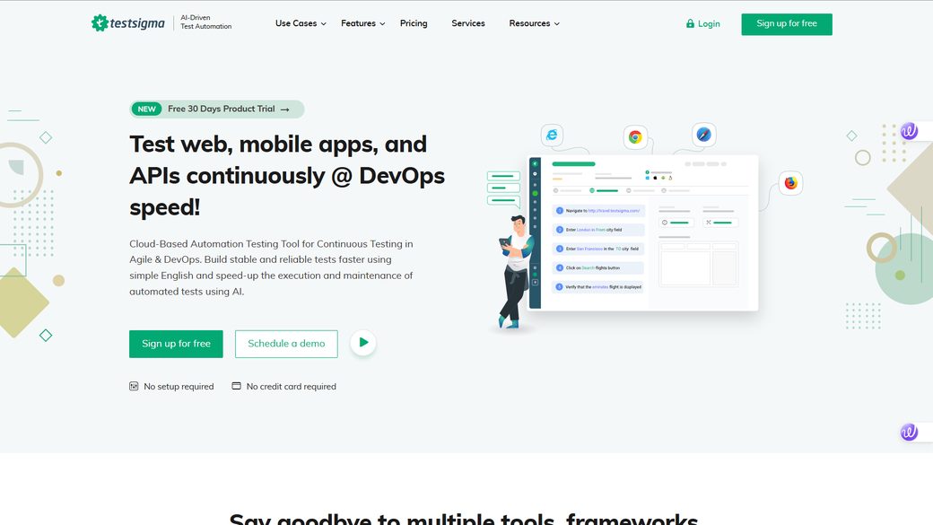 Testsigma homepage — illustration-led hero